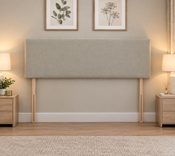 Lyon upholstered headboard in sandstone fabric styled in a modern bedroom – St James Bed Centre, King’s Lynn.