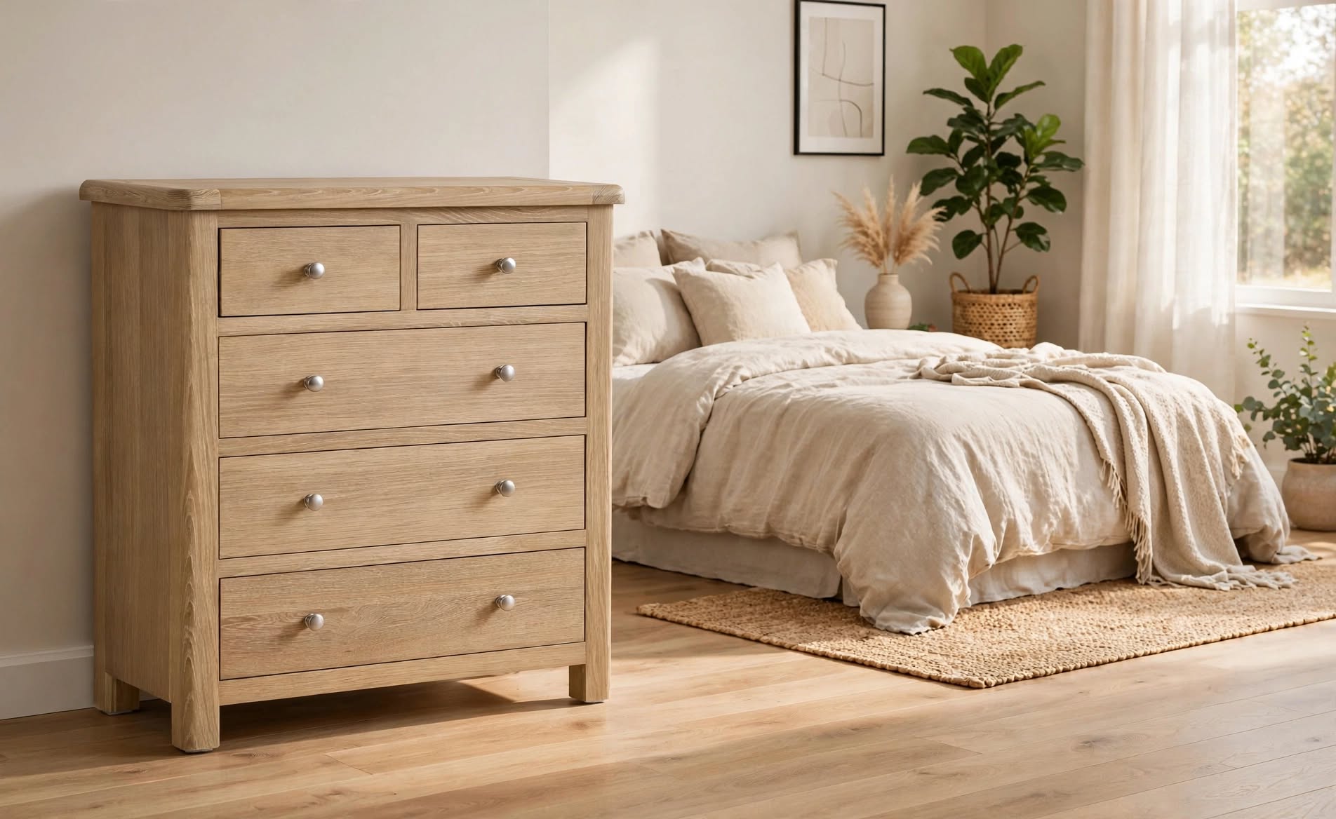 MEM005 Memphis limed oak 3 over 2 drawer chest with 5 drawers and brushed chrome round knobs - St James Beds