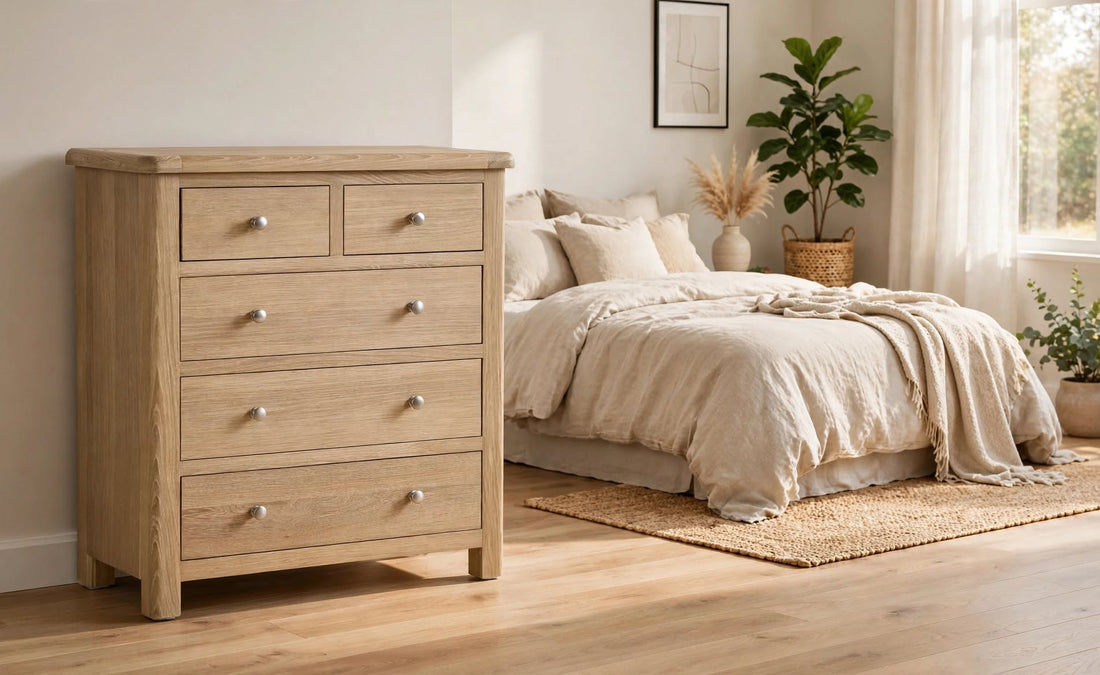 MEM005 Memphis limed oak 3 over 2 drawer chest with 5 drawers and brushed chrome round knobs - St James Beds