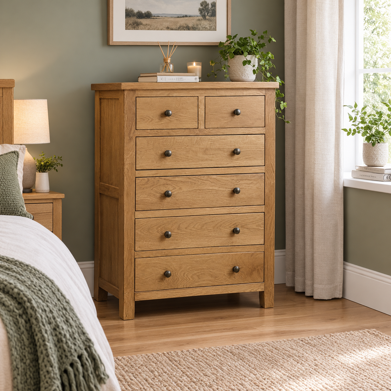 Marlborough natural oak 5-drawer chest in a modern bedroom – St James Bed Centre, King’s Lynn.