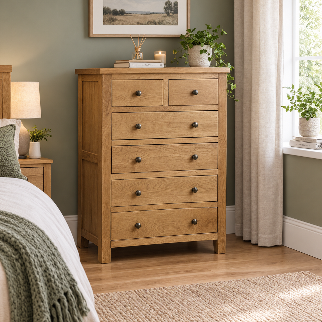 Marlborough natural oak 5-drawer chest in a modern bedroom – St James Bed Centre, King’s Lynn.