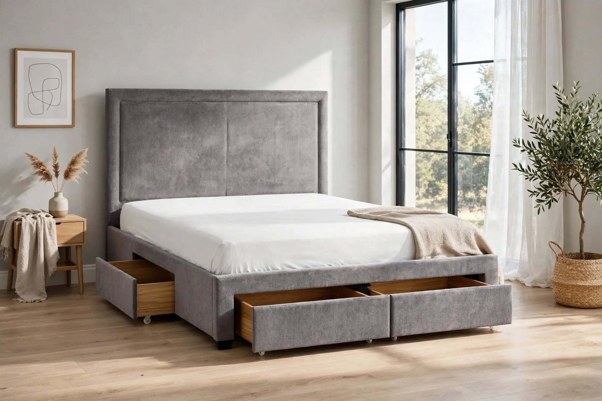 Mayfair Grey Fabric Storage Bed with Drawers and Bordered Headboard - Fabric Storage Beds at St James Beds Centre King's Lynn