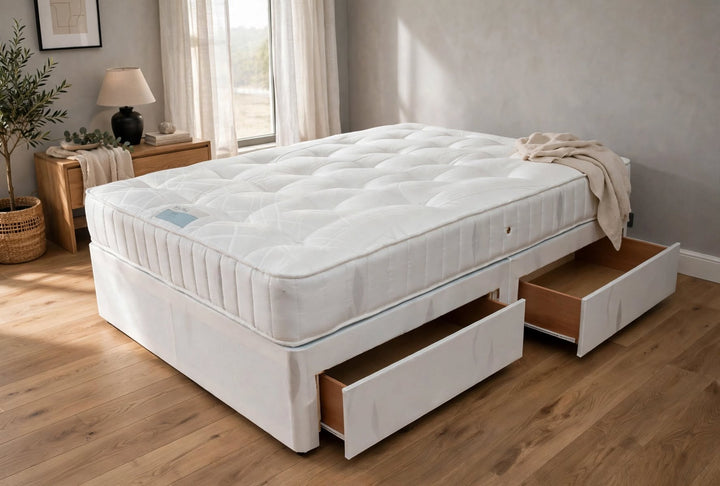 Mayfair mattress and damask divan base with 13.5 gauge springs and storage drawers - white damask - St James Beds