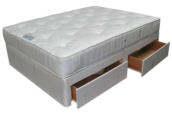 Mayfair mattress and damask divan base with 13.5 gauge springs and storage drawers at St James Bed Centre King's Lynn PE30 1AP
