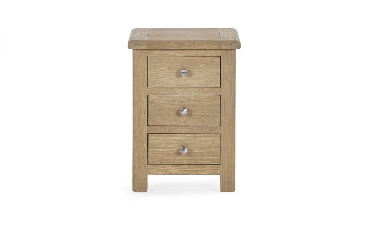 Memphis Bedroom Collection in limed oak with curved edging, silver and cupped handles, double bed, chest and wardrobe at St James Bed Centre King's Lynn PE30 1AP
