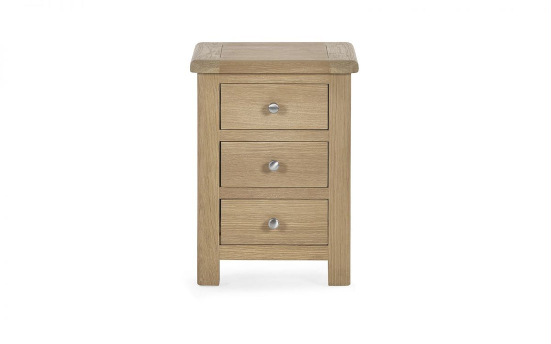 Memphis Bedroom Collection in limed oak with curved edging, silver and cupped handles, double bed, chest and wardrobe at St James Bed Centre King's Lynn PE30 1AP