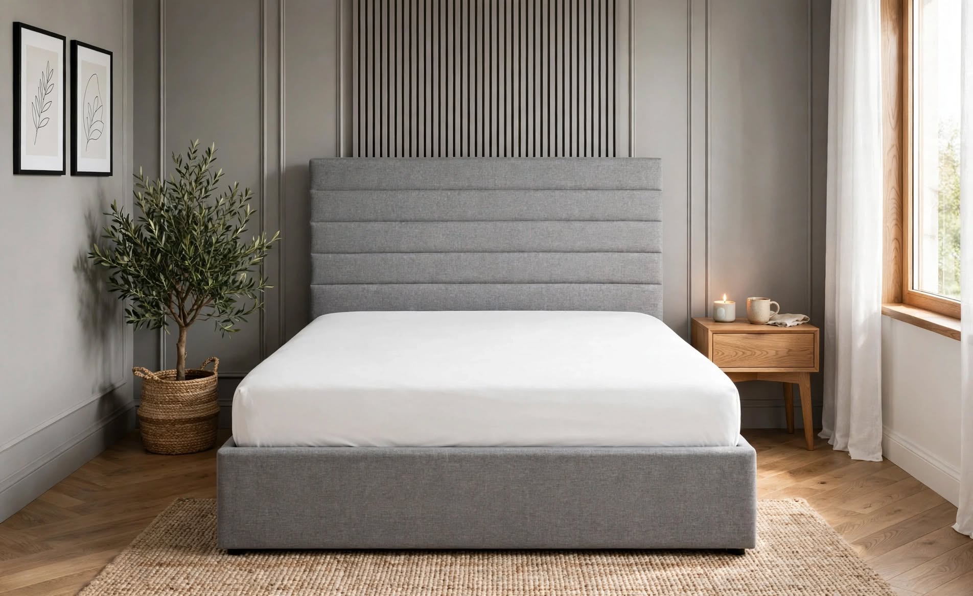Merida Bed Frame Horizontal Tufted Headboard Grey Linen Fabric Bed Delivery Norfolk - St James Bed Centre Kings Lynn