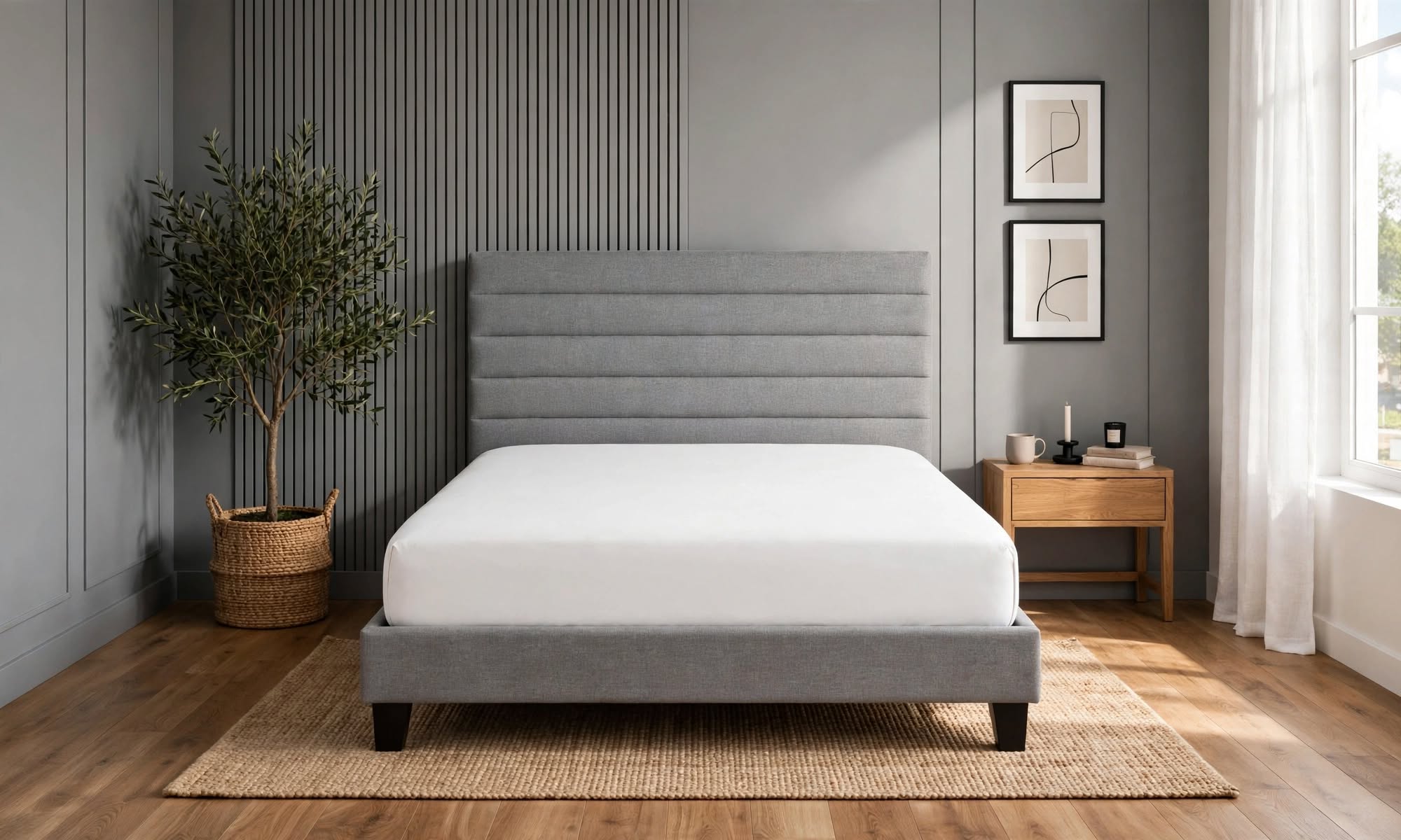 Merida bed frame with horizontal tufted headboard in grey linen with white mattress and black legs front view - St James Beds