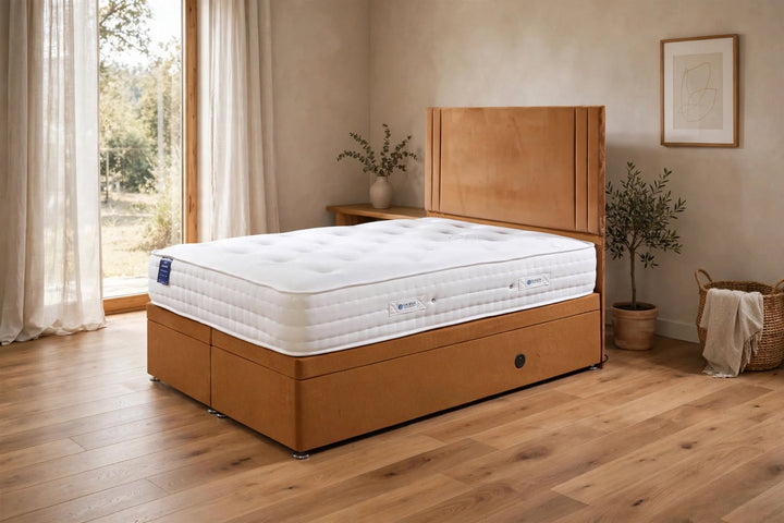 Milano dual season divan set with luxury silk fabric and memory foam side in caramel tan velvet base with drawers and tall panel headboard and white tufted mattress - St James Beds