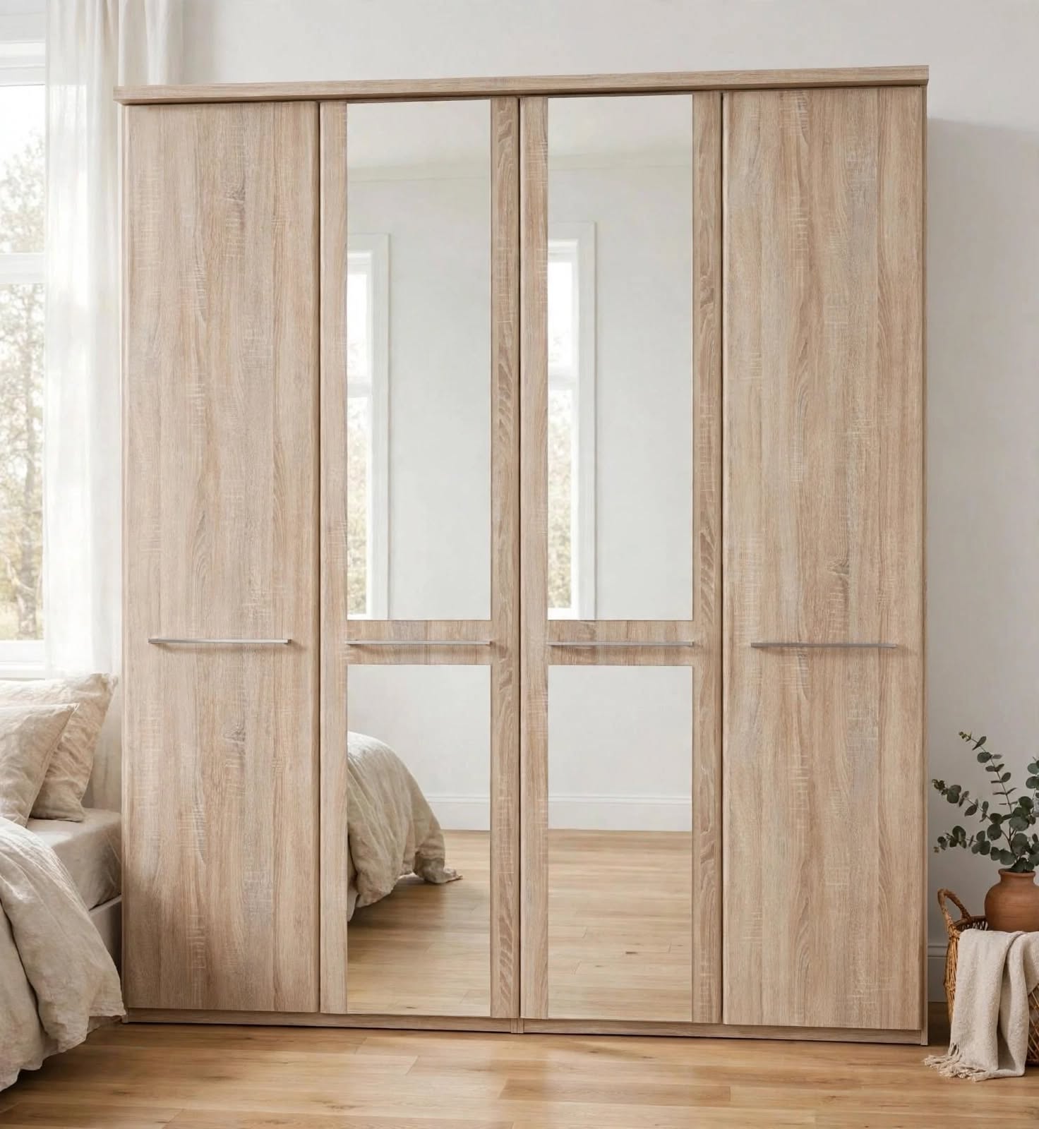 Modern 4 Door Wardrobe with Mirrors in Light Oak Finish st james bed centre