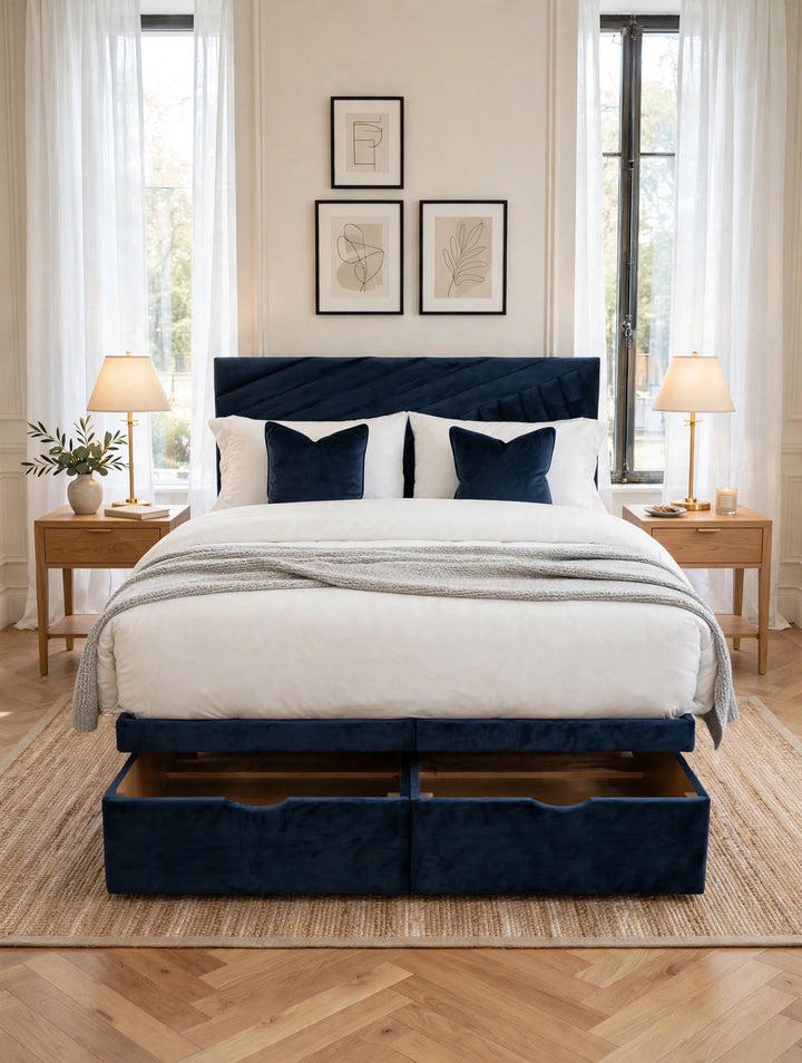 Nautilus 2000 Ottoman Bed Package in Navy Velvet - Diagonal Channel Headboard Storage Bed with Open Front Drawers, Dressed with White Bedding and Navy Cushions in a Classy Bedroom
