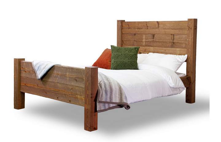Newstead solid timber bedstead with chunky plank headboard in antique wax finish