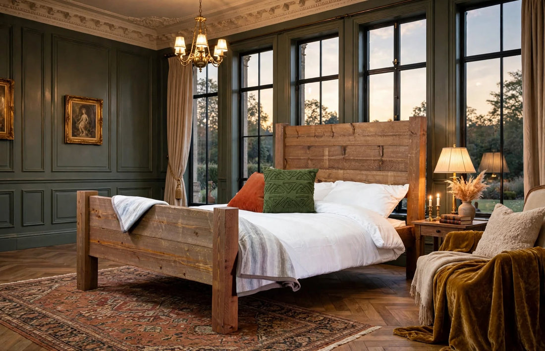 Newstead solid timber bedstead with chunky plank headboard in antique wax finish with white bedding and green and rust cushions - St James Beds