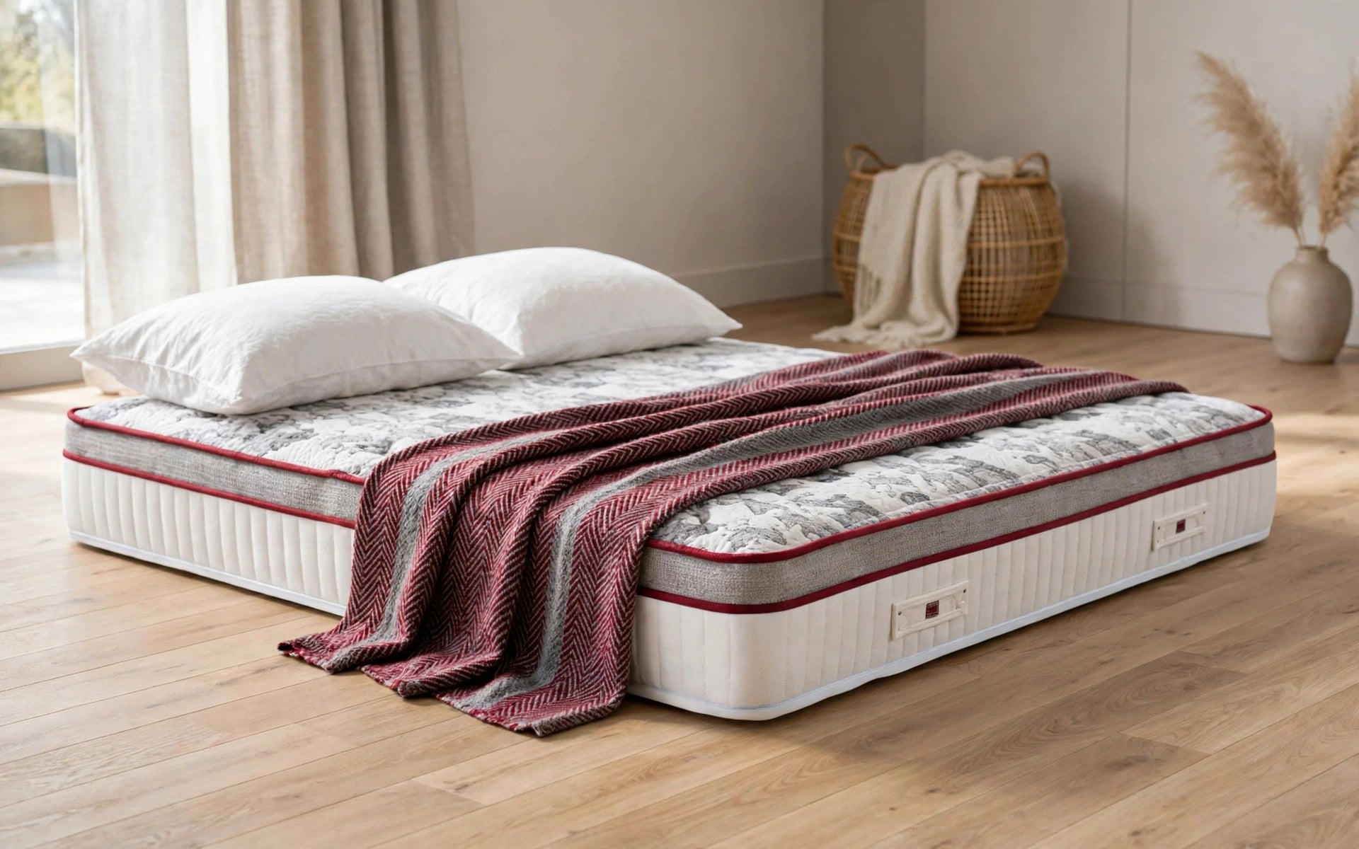 Offiah 1000 Pocket Spring Mattress with burgundy piping on modern bedroom floor with white pillows and red grey throw - St James Bed Centre