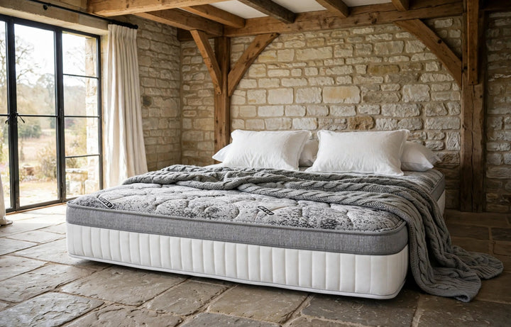 Offiah ACTIV Support Firm Feel Mattress with Graphene Cover and 1000 Pocket Springs on manor house bedroom floor with pillows and throw - St James Bed Centre