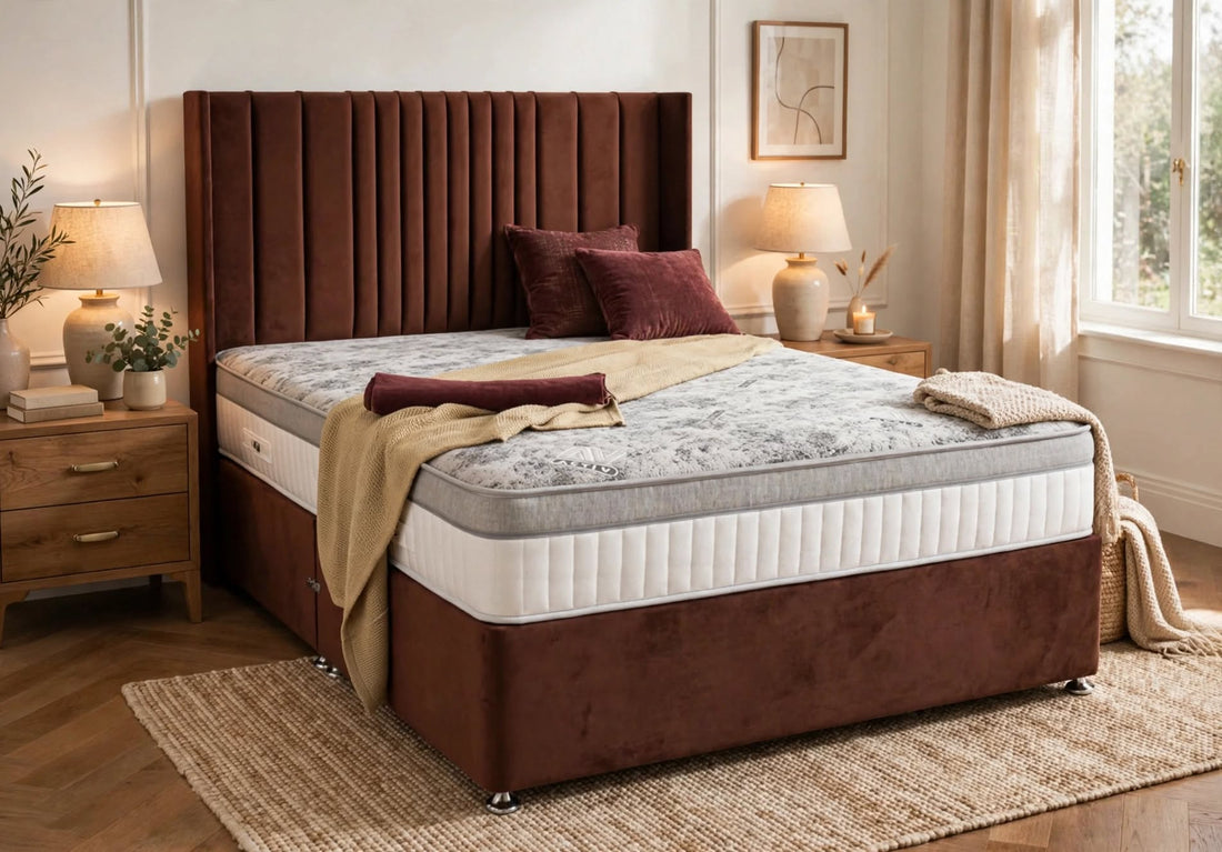 Offiah Activ Support firm graphene mattress with divan base on white background at St James Bed Centre King's Lynn PE30 1AP endorsed by Martin Offiah