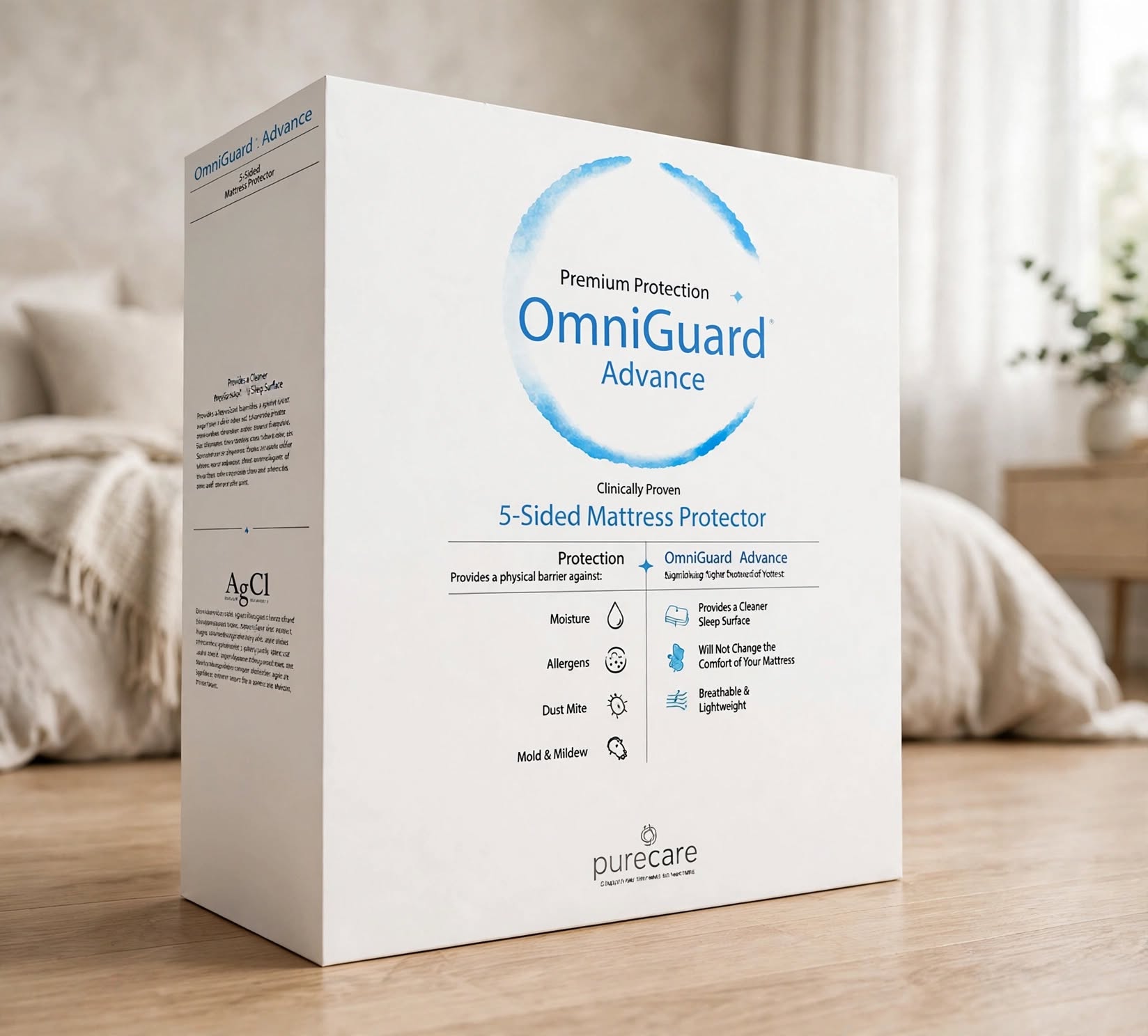 OmniGuard Advance 5-Sided Mattress Protector box packaging Purecare premium protection standing on modern bedroom light oak floor - St James Beds Kings Lynn