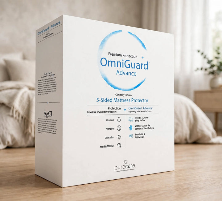 OmniGuard Advance 5-Sided Mattress Protector box packaging Purecare premium protection standing on modern bedroom light oak floor - St James Beds Kings Lynn