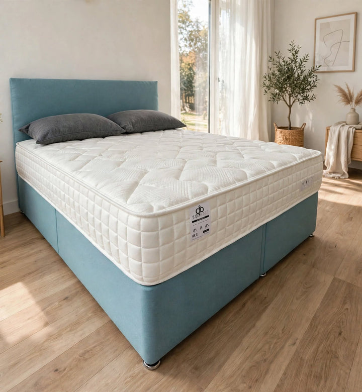 Ortho Pocket Divan Set 1000 pocket springs firm feel with free strutted headboard - teal fabric - St James Bed Centre
