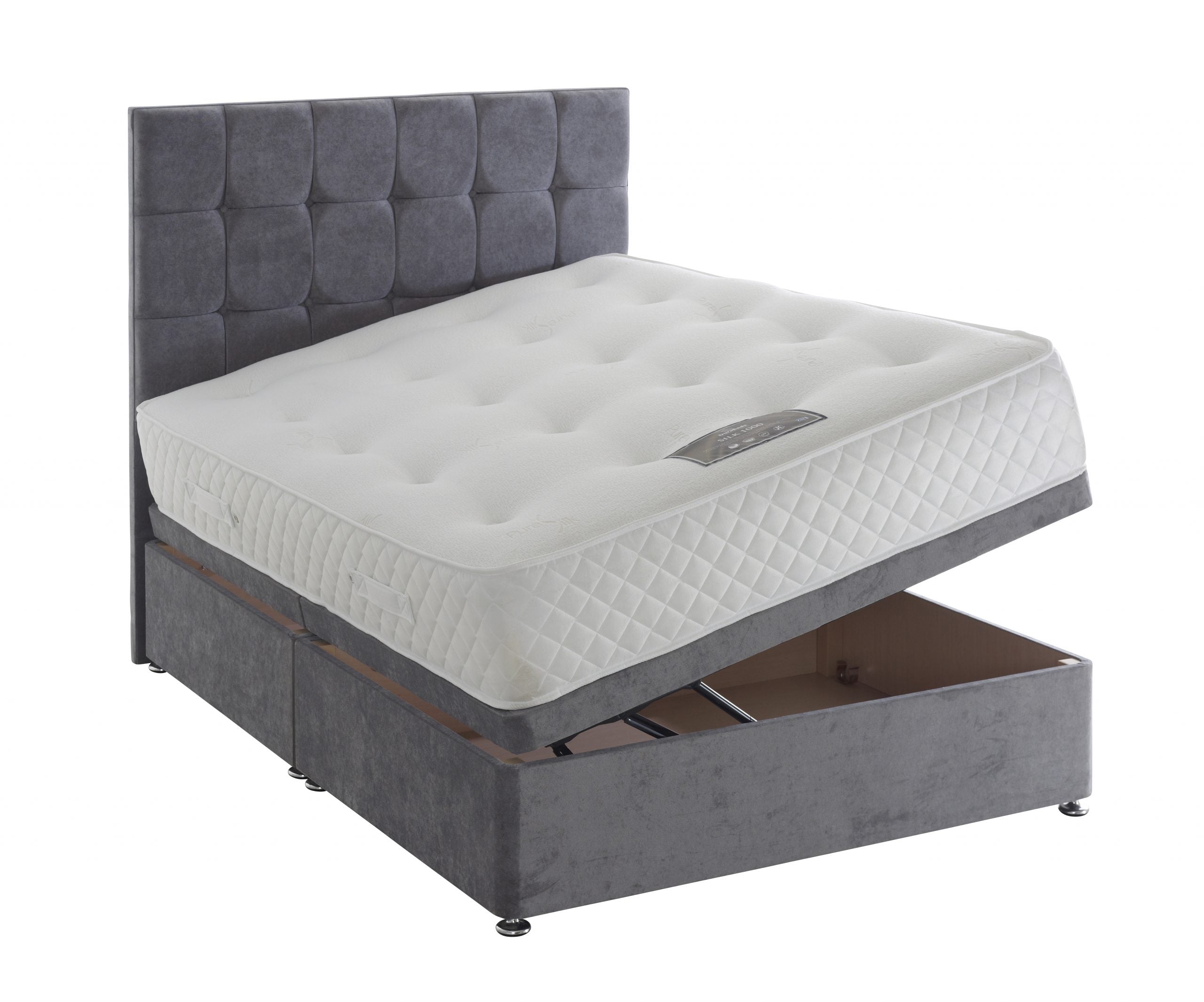 Ottoman Set Silk 1000 mattress and ottoman side lift base open showing storage - St James Bed Centre King’s Lynn