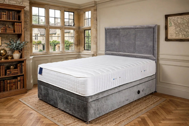 Oxford Edge Zone divan set with firm edge 1000 pocket springs package deal grey crushed velvet divan base 3-panel strutted headboard white quilted mattress - St James Beds