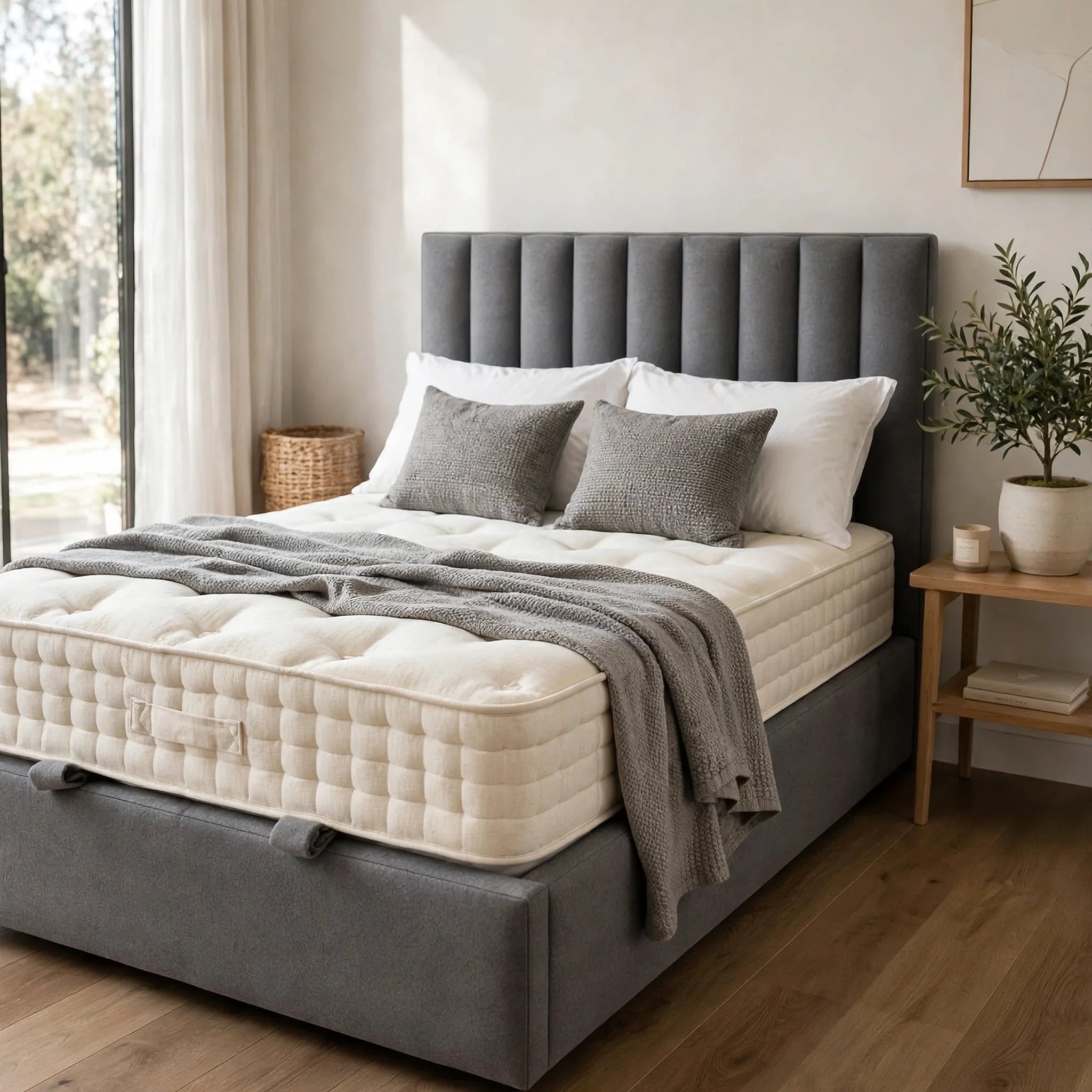 Padstow grey ottoman bed frame by St James with fluted headboard