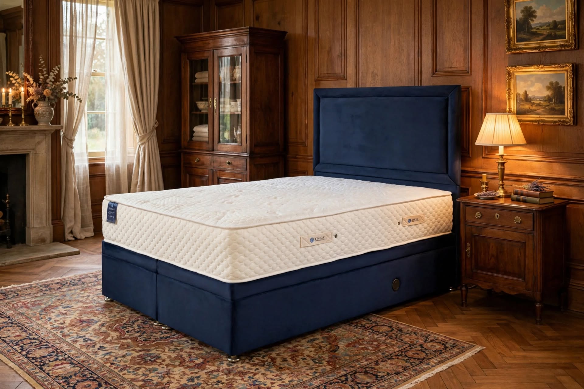 Piccadilly 1500 pocket sprung mattress with platform top divan base in navy blue and free strutted headboard cream quilted mattress - St James Bed Centre