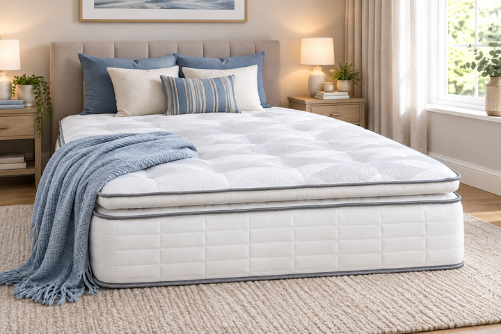 Pillow Top 1000 mattress with quilted cover and blue throw in a modern bedroom – St James Bed Centre.