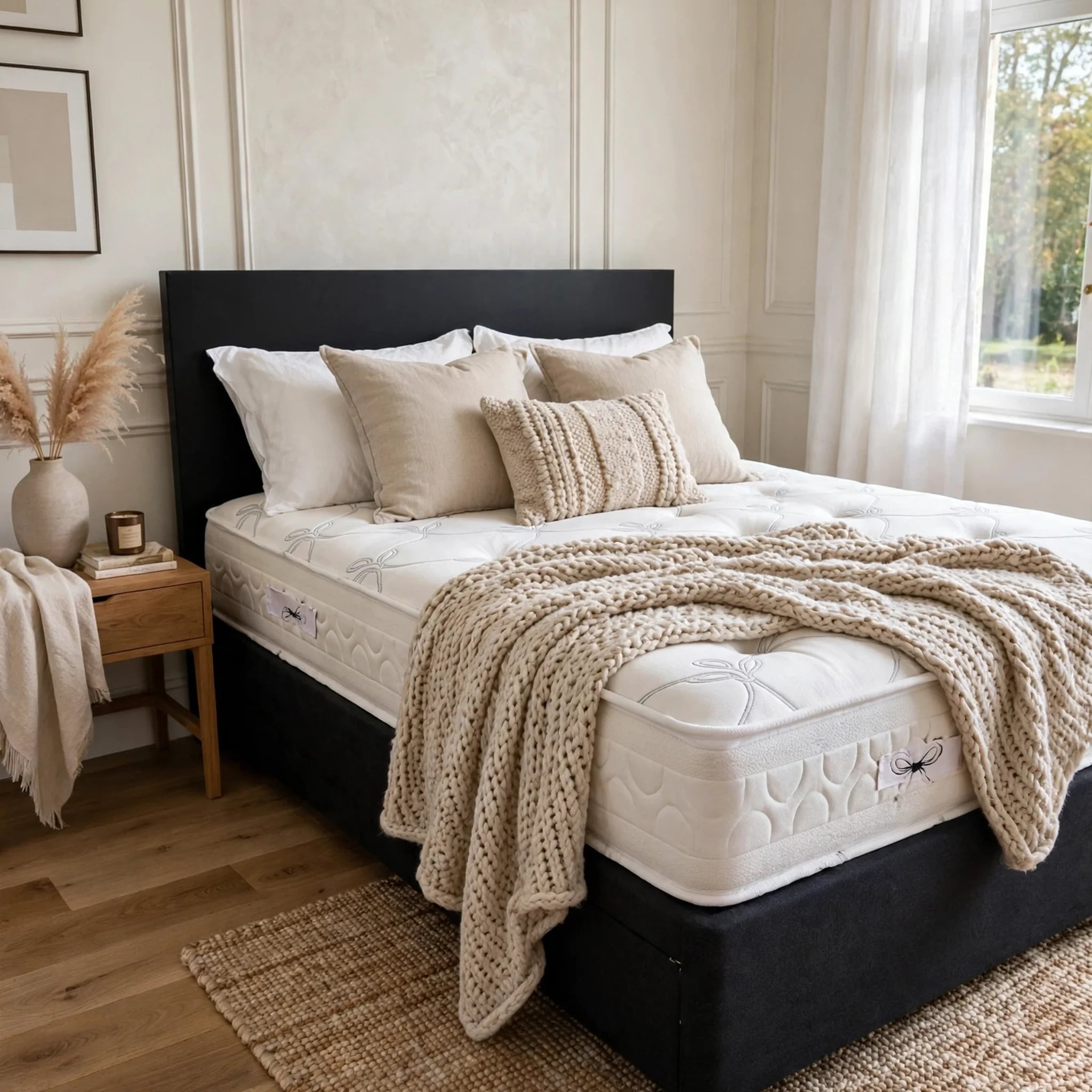 Pocket Brick Ortho Divan Set with 1000 pocket sprung mattress and free matching headboard in grey fabric styled with luxury beige pillows and chunky knitted throw in luxury bedroom