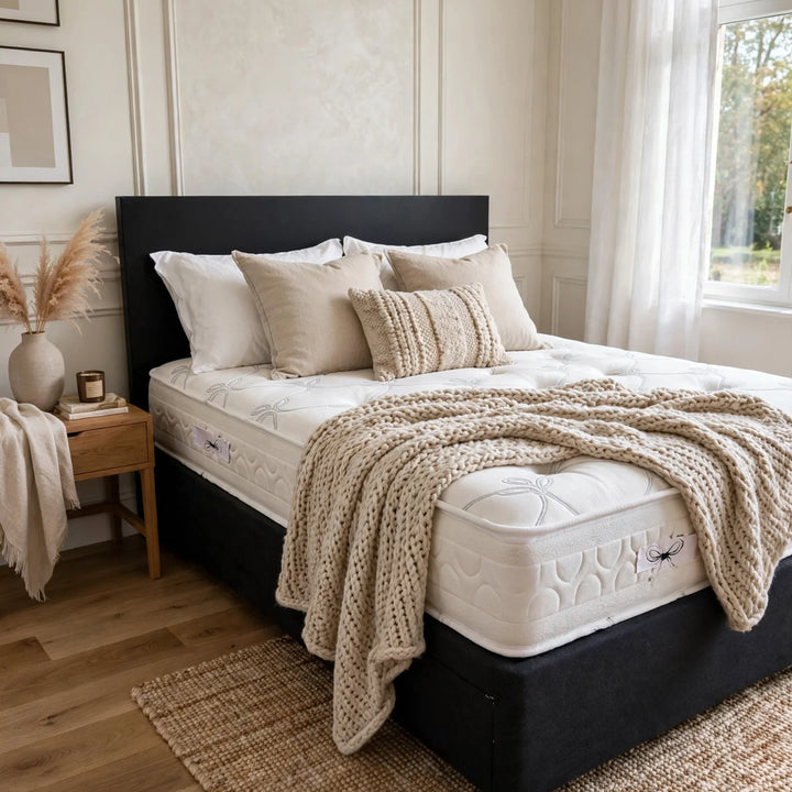 Pocket Brick Ortho Divan Set with 1000 pocket sprung mattress and free matching headboard in grey fabric styled with luxury beige pillows and chunky knitted throw in luxury bedroom
