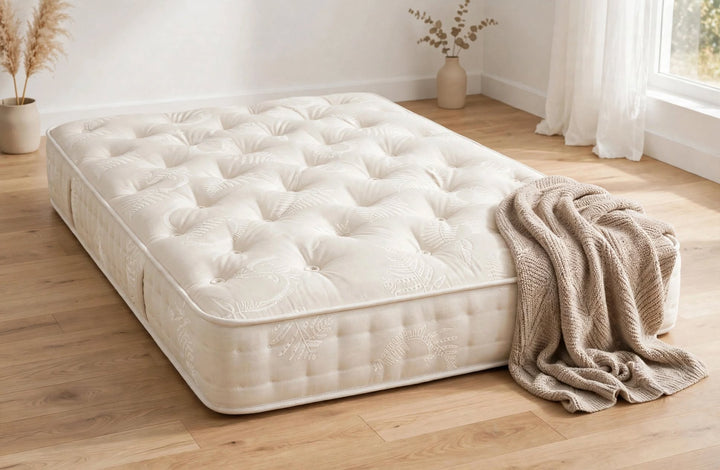 Pocket Master 1000 Pocket Spring Mattress in Cream Cover Placed Directly on Bedroom Floor - Floor Mattress Style at St James Beds Centre King's Lynn