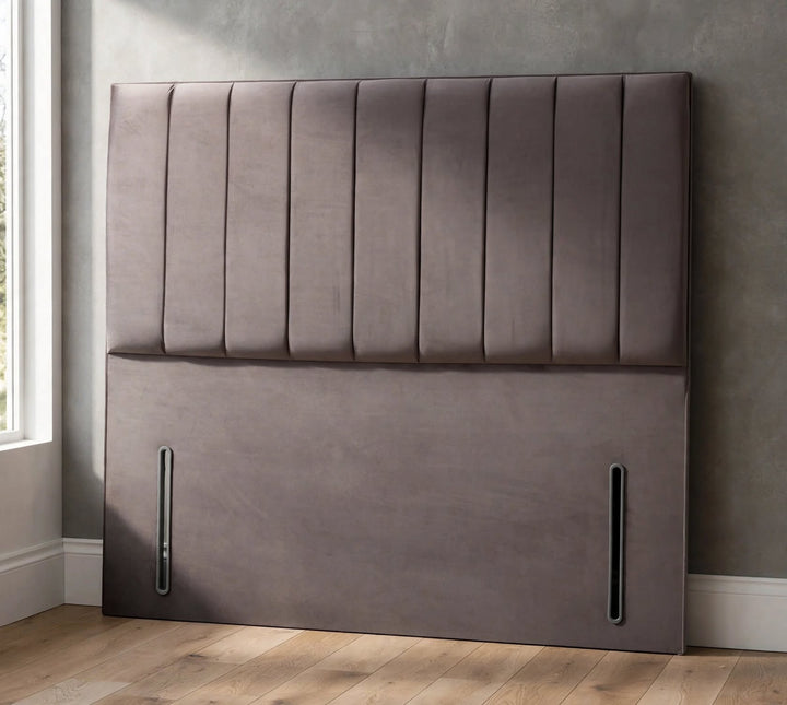 Popular floor standing headboard - vertical stripe - grey velvet - floor standing struts - St James Beds