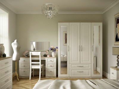 Portifino traditional cream bedroom furniture range including wardrobe, chest of drawers, and bedside table at St James Bed Centre King's Lynn PE30 1AP, UK made assembled