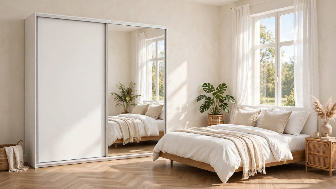Rauch Taro 2 door white sliding wardrobe with mirror handleless 160cm - St James Beds Kings Lynn