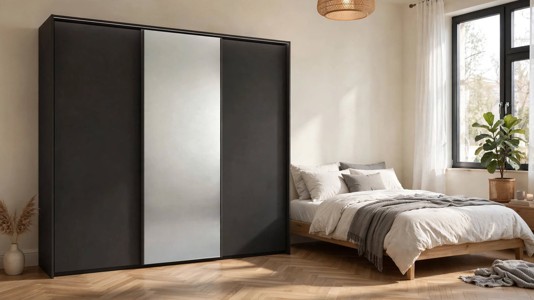 Rauch Taro 3 door sliding wardrobe graphite with centre mirror 300cm - King's Lynn