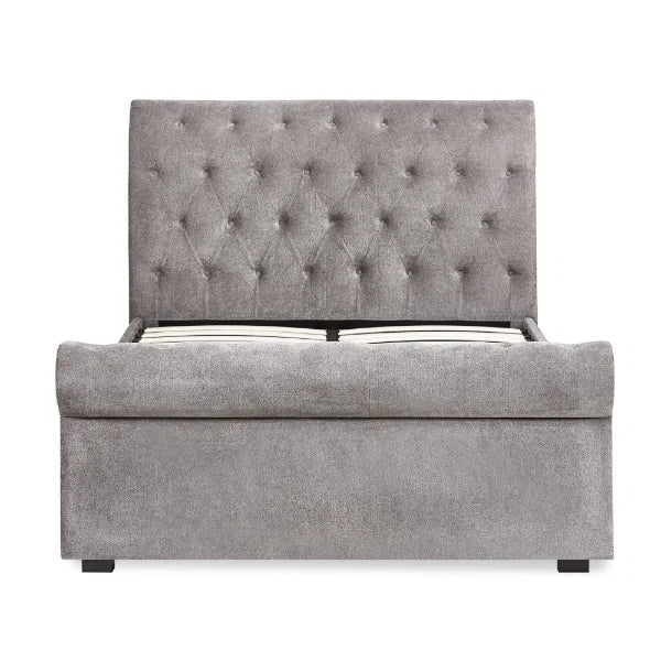 Ravello bed in grey chenille with deep buttoned headboard, St James Beds