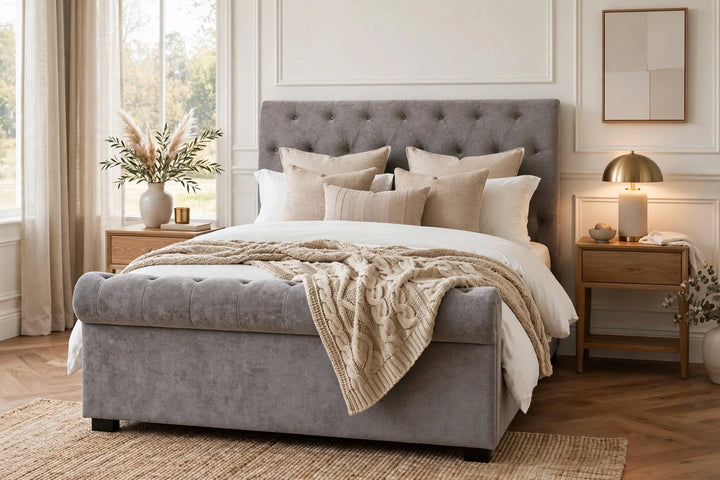 Ravello bed in grey chenille with deep buttoned headboard styled with luxury bedding in bright bedroom - St James Beds