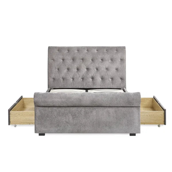 Ravello bed showing elegantly scrolled footboard and integrated storage drawers