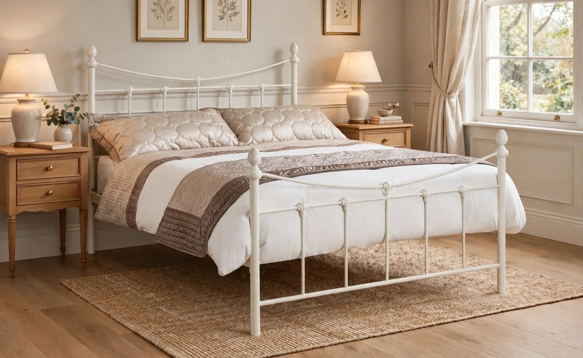 Rebecca metal bed frame in stone white finish elegant timeless design traditional metal frame with ball finials white bedding taupe throw champagne pillows - St James Beds