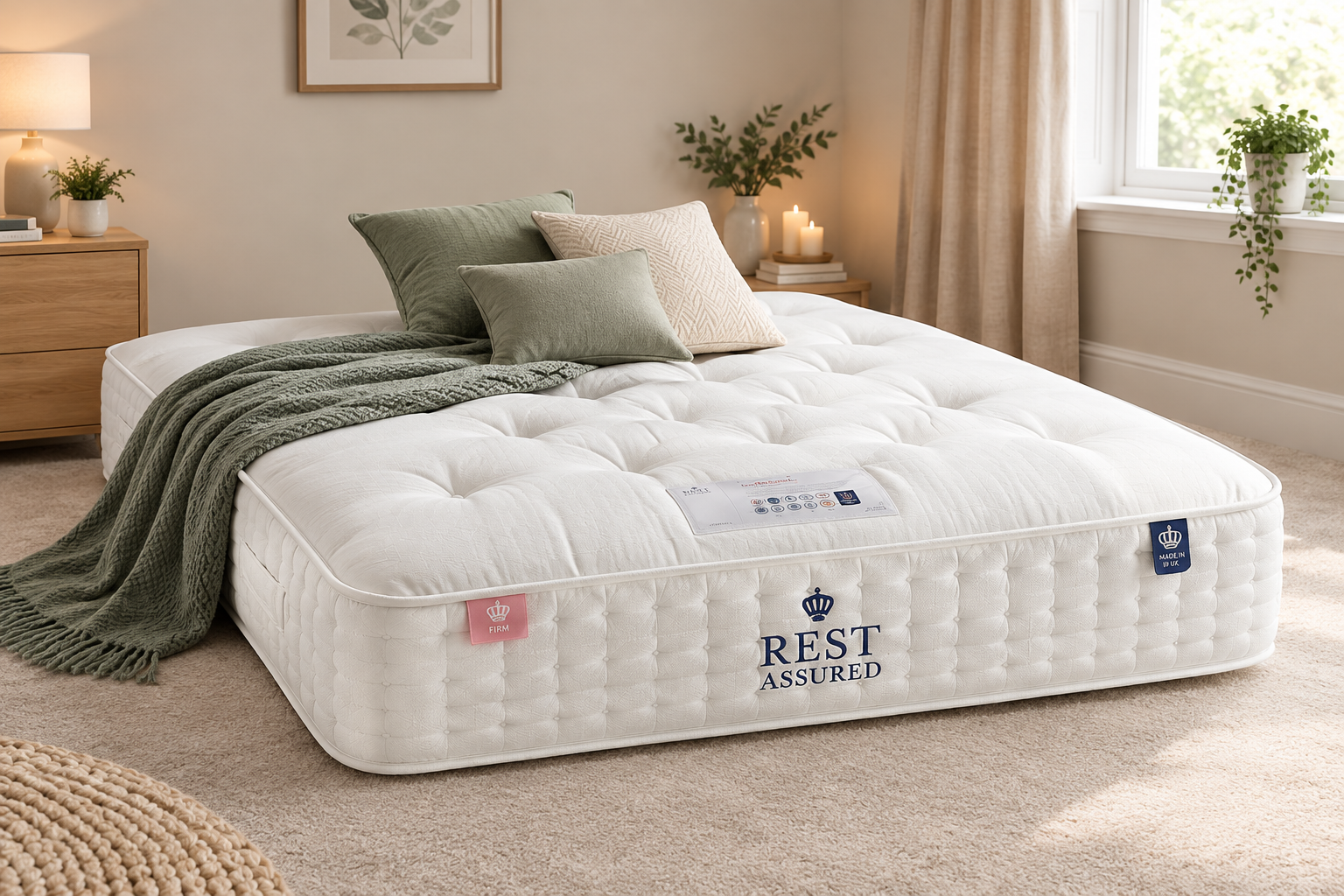 Rest Assured Kelbrook 1400 pocket spring mattress with pillows and throw in a modern bedroom.