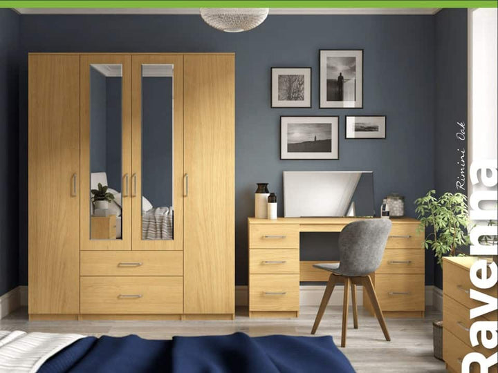 Revenna modern wardrobe in white finish with brushed aluminium handle and castors