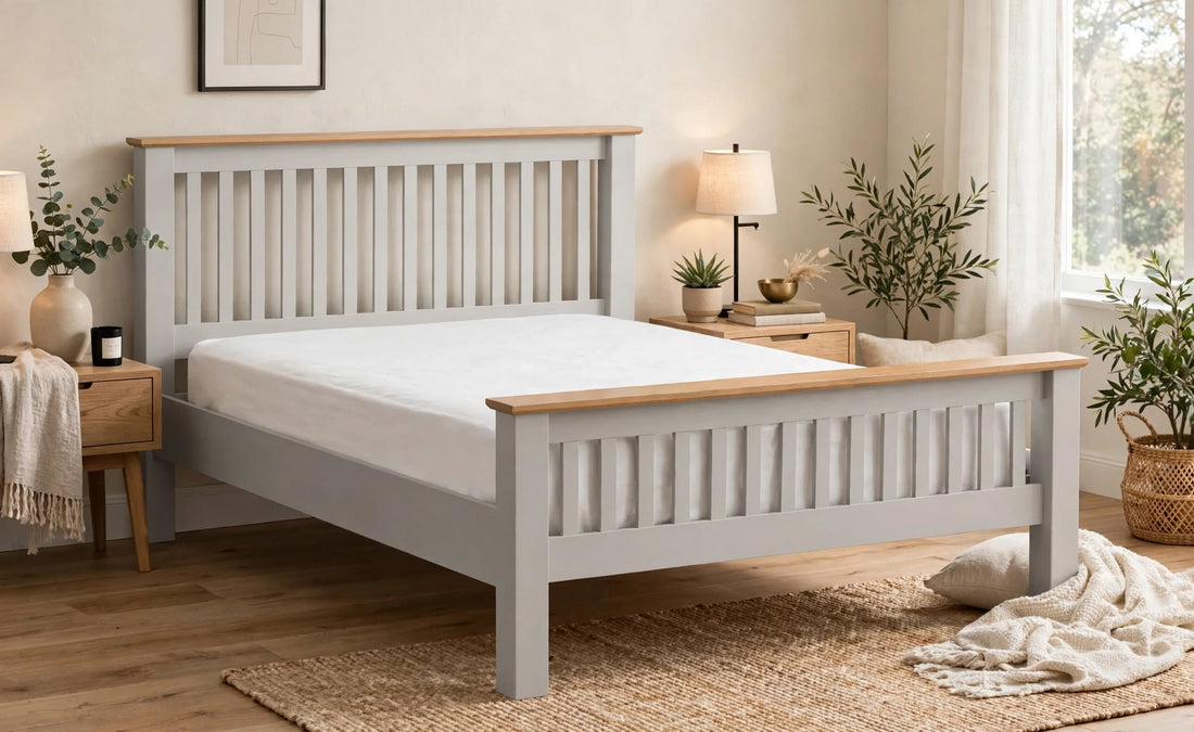 Richmond slatted bed frame in soft grey with natural oak top rails and white mattress angled view - St James Beds