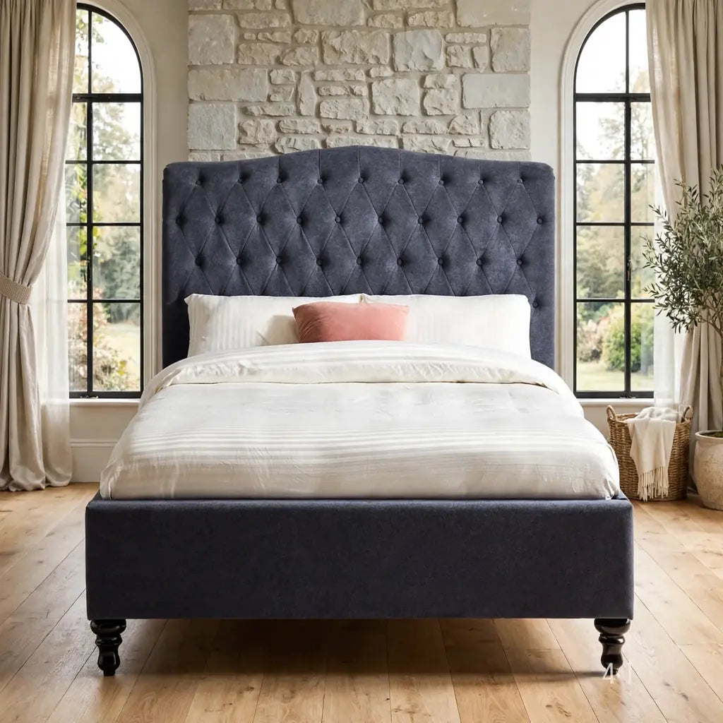 Rosa bed frame with stylish buttoned headboard - Rosa fabric bed frame at St James Bed Centre Kings Lynn