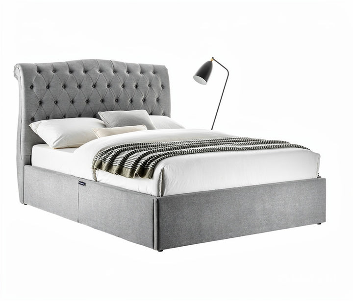 Rosa bed in Dark Grey fabric showing integrated storage