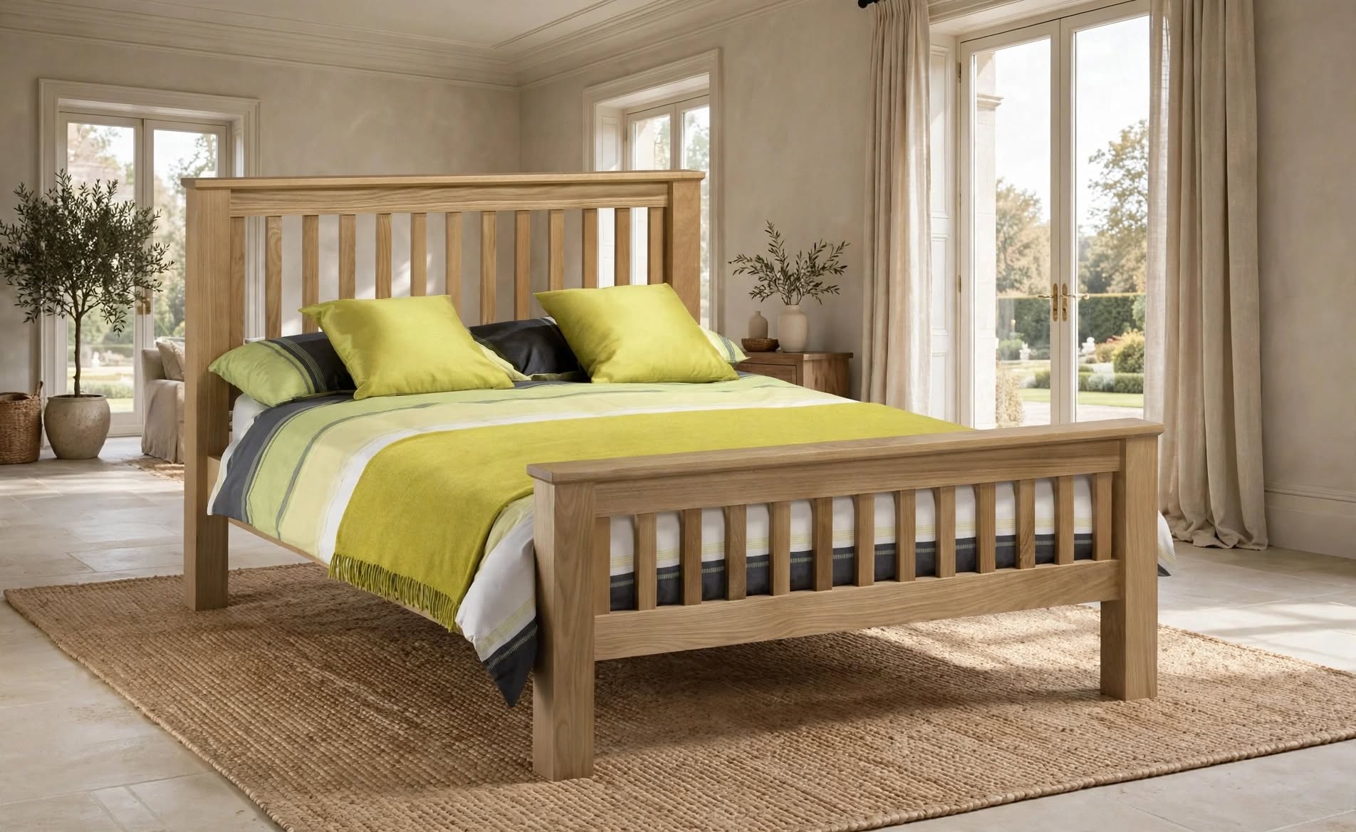 Sandringham bed frame in solid white oak with imposing shaker style headboard and low foot end slatted design with lime green bedding yellow satin cushions - St James Beds
