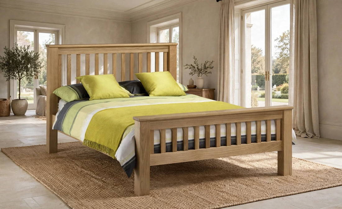 Sandringham bed frame in solid white oak with imposing shaker style headboard and low foot end slatted design with lime green bedding yellow satin cushions - St James Beds