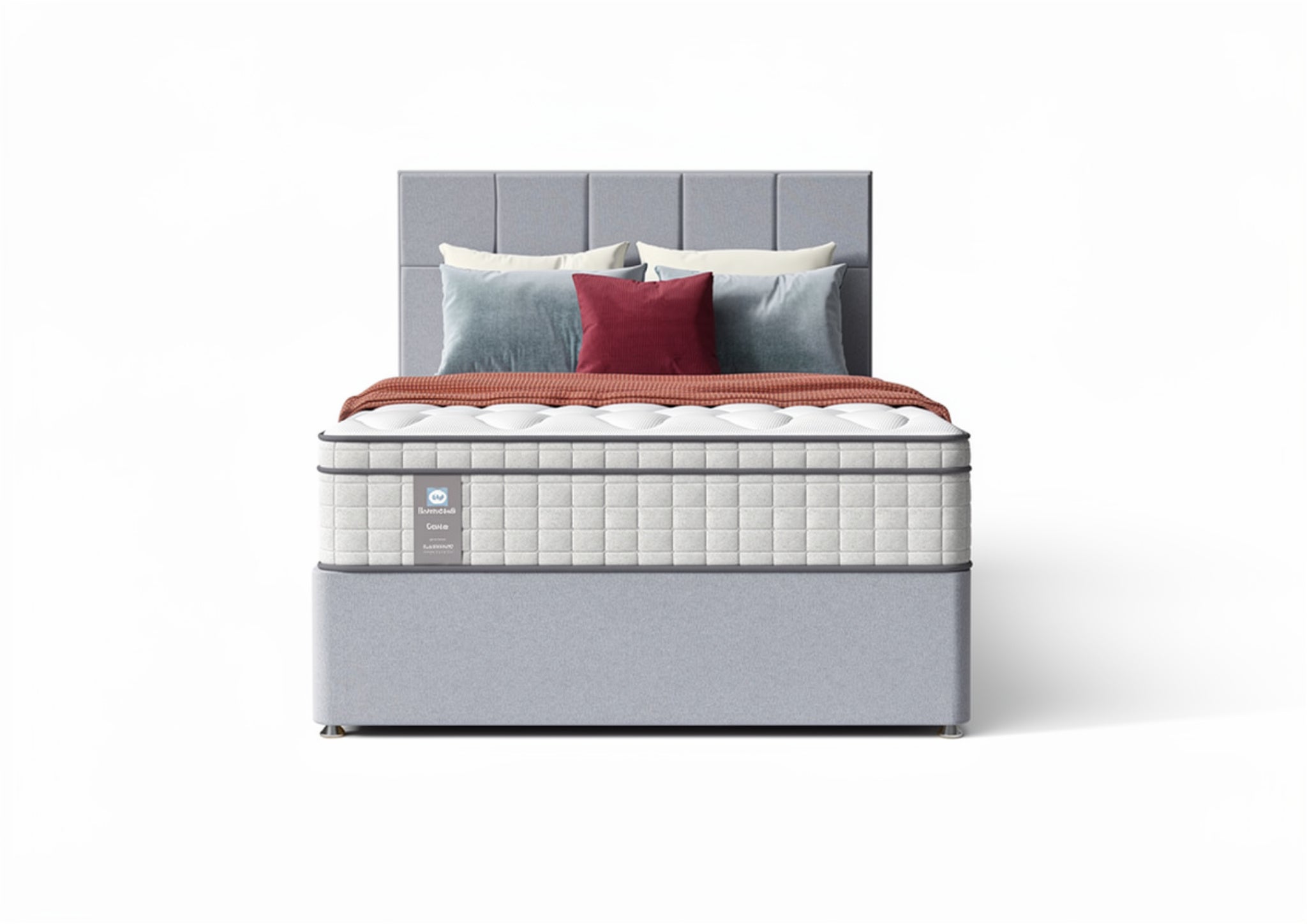 Sealy Blake Medium mattress on divan base in grey fabric at St James Bed Centre