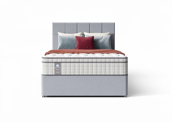 Sealy Blake Medium mattress on divan base in grey fabric at St James Bed Centre