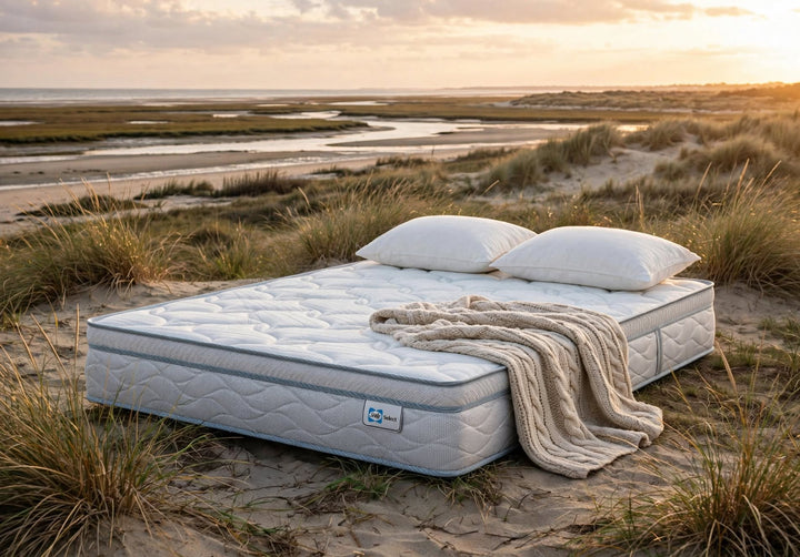 Sealy Burnham Extra Firm mattress styled as luxury outdoor bed with pillows and throw blanket on the beach dunes at Burnham Market Norfolk coast