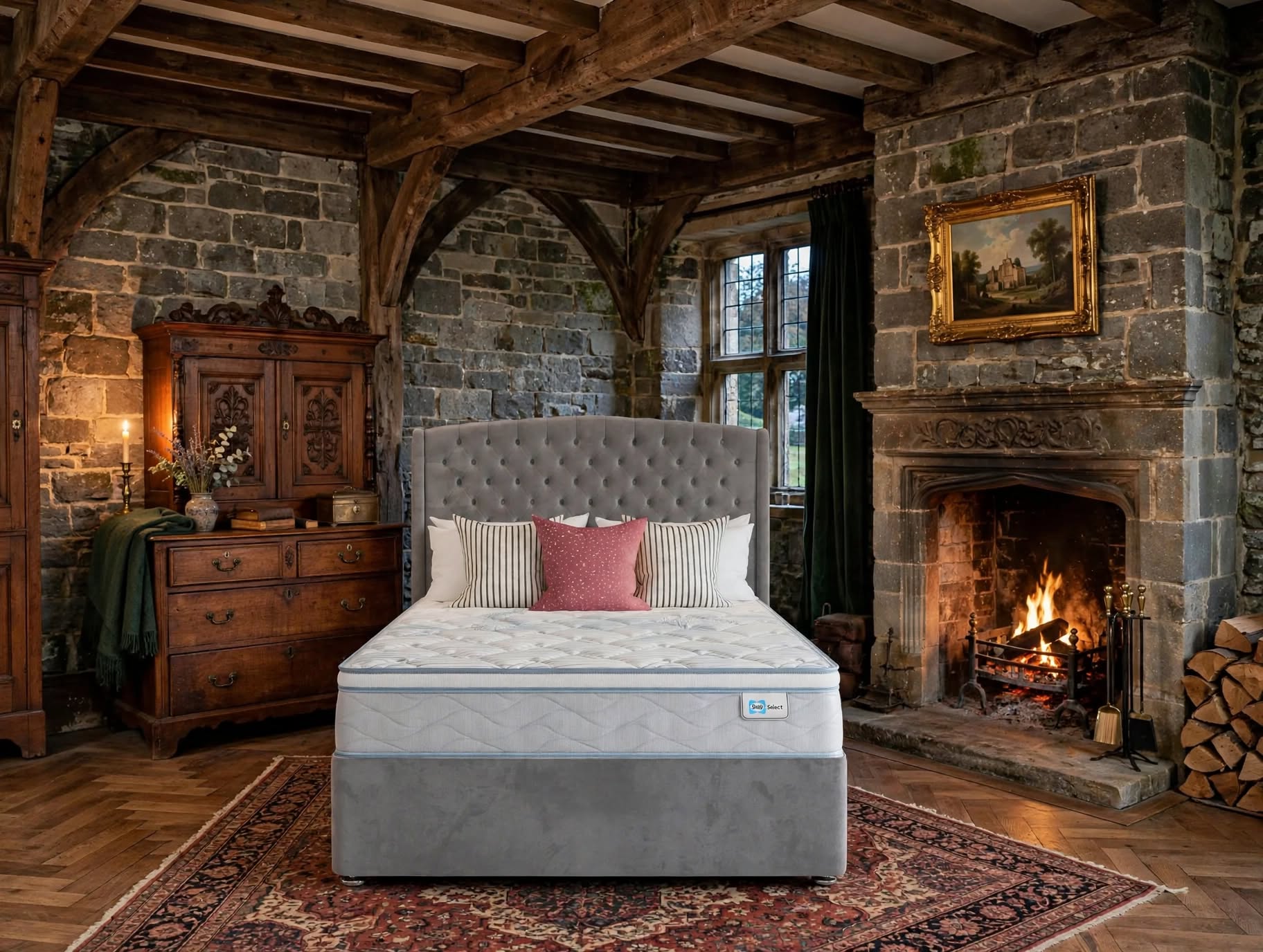 Sealy Burnham Select mattress and divan bed with grey buttoned headboard and striped pillows in old styled manor house bedroom with stone walls and fireplace
